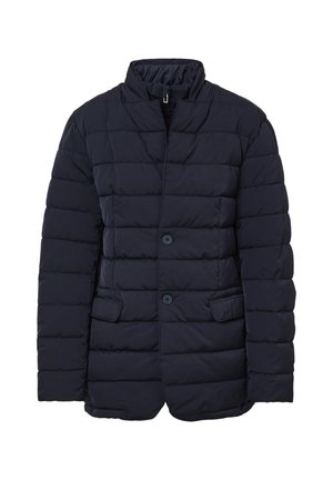 Doudoune navy avec col montant, dotée d'une fermeture bouton, de deux poches avant et d'un design matelassé pour plus de texture et de chaleur.