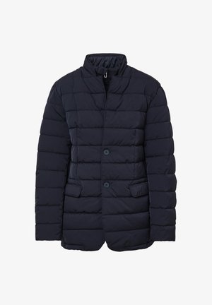 Marineblauer Daunenjacke mit Stehkragen, ausgestattet mit einer Knopfschlussleiste, zwei Fronttaschen und einem gesteppten Design für zusätzliche Textur und Wärme.