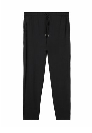 Schwarze elastische Hose mit einem Kordelzugbund, die eine glatte Textur und ein tailliertes Beindesign aufweist. Keine sichtbaren Muster oder Beschläge.