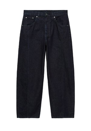 Jean en denim bleu foncé à jambes larges avec poches avant, fermeture par boutons et coutures visibles sur fond blanc.
