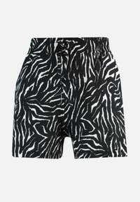 Sort-hvide zebra-stribede shorts med drawstring talje, lavet af tekstureret stof, med tætsiddende pasform og sidelommer.