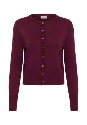 Cardigan long en bourgogne en tissu tricoté doux. Présente un col rond, des boutons sur le devant et des poignets et un ourlet côtelés.