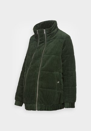 Dunkelgrüne Cord-Steppjacke mit hohem Kragen, Frontreißverschluss, Seitentaschen sowie elastischen Bündchen und Saum.