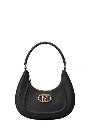 Sac à main en cuir noir avec poignée incurvée, fermeture éclair dorée et plaque ovale dorée avec le logo Marc Ellis au centre avant.