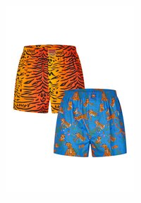Pair of vibrant boxer shorts, one with orange and black tiger stripes and faces, the other blue with playful tiger illustrations.
