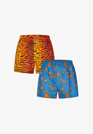 Blaue Badeshorts mit einem elastischen Bund, ausgestattet mit einem orangefarbenen Tiger- und Pflanzenmuster. Leichter Stoff mit einer lockeren Passform.