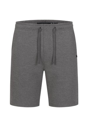 Pantaloni corti grigi casual con cordoncino in vita, taglio dritto e una piccola etichetta nera sul lato destro.