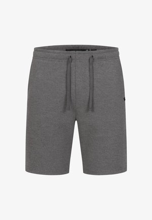 Pantaloni corti grigi casual con cordoncino in vita, taglio dritto e una piccola etichetta nera sul lato destro.