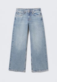 Hele sinised laiade säärtega teksad, valmistatud denimist, klassikalise viie tasku disainiga, nööpidega suletav ja minimaalse pleekimisega, et säilitada puhas välimus.