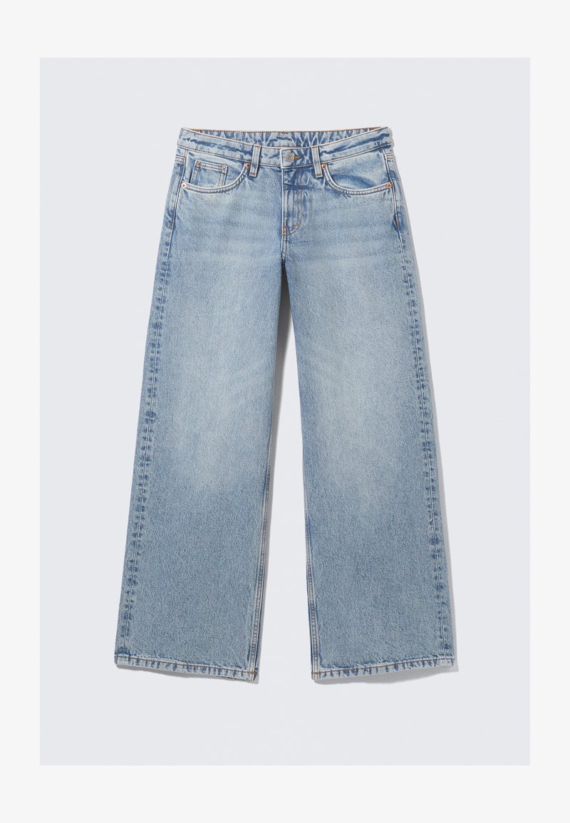 Hele sinised laiade säärtega teksad, valmistatud denimist, klassikalise viie tasku disainiga, nööpidega suletav ja minimaalse pleekimisega, et säilitada puhas välimus.