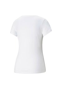Bílé tričko s krátkými rukávy, kulatým výstřihem a hladkou texturou materiálu, s jednoduchým, bez ozdob provedeným zadním designem.