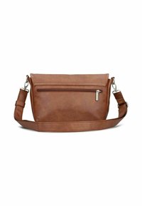 Borsa a tracolla in pelle marrone con tasca frontale con zip, tracolla regolabile e superficie liscia, caratterizzata da un design minimalista.