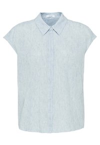 Vaaleansininen lyhythihainen paita, jossa on klassinen kaulus, hienovaraisia pystyraitoja ja väljä malli. Napitus edessä.