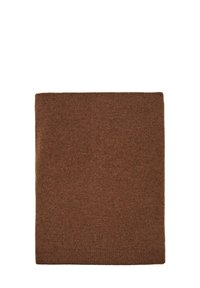 Brown knitted scarf with a smooth texture, rectangular shape, and ribbed edges. Made from soft, warm material.