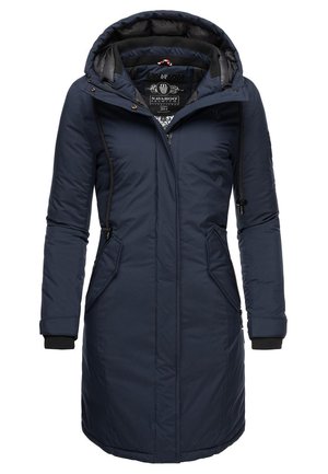 Navyblauwe gewatteerde jas met een capuchon, voorzien van twee voorzakken, ritssluiting, geribbelde manchetten en decoratieve trekkoordaccenten.