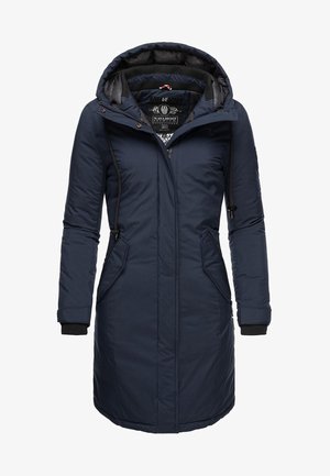 Navy blue padded coat with a hood, featuring two front pockets, zip closure, ribbed cuffs, and decorative drawstring accents.
