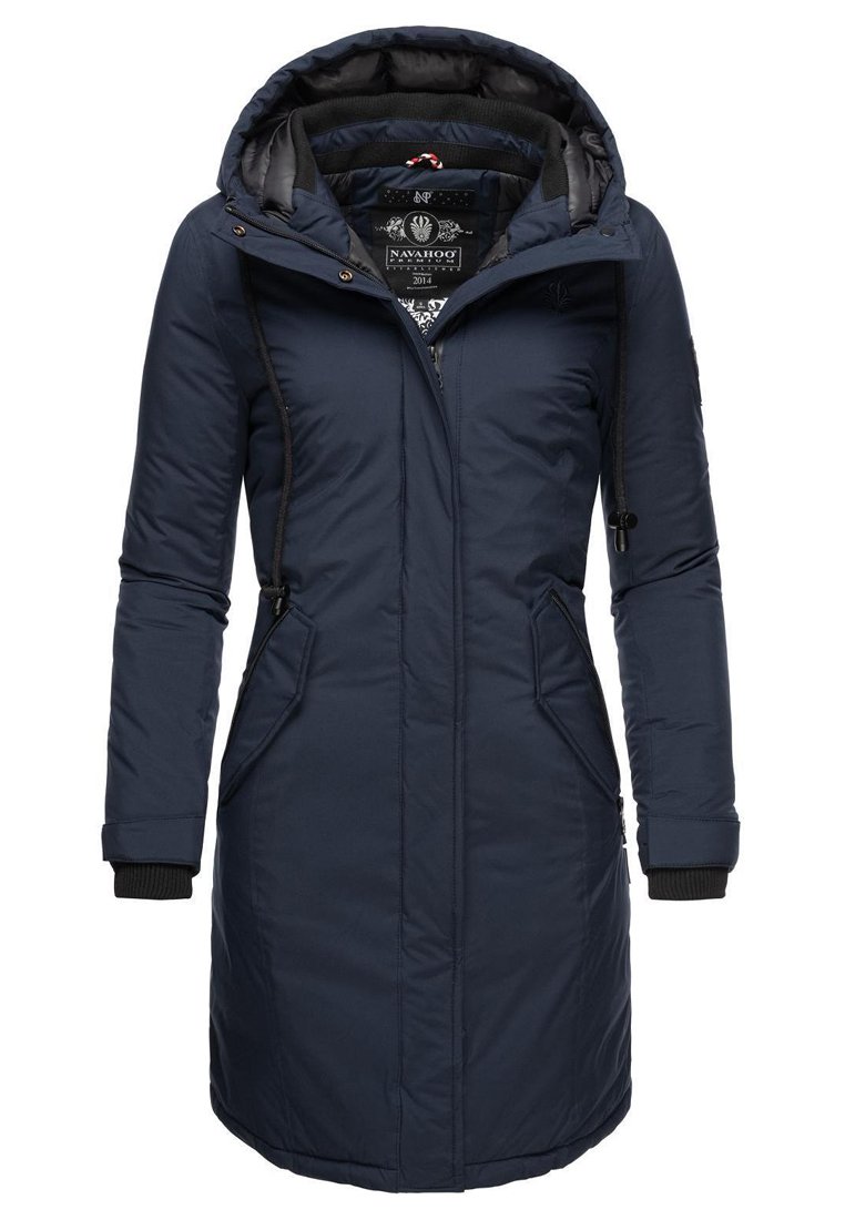 Navy blue padded coat with a hood, featuring two front pockets, zip closure, ribbed cuffs, and decorative drawstring accents.