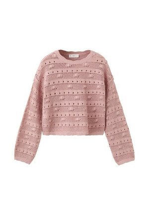 Pull court en maille rose pâle avec manches longues et motif texturé de petits trous et de points en relief.