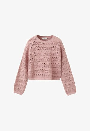 Pull court en maille rose pâle avec manches longues et motif texturé de petits trous et de points en relief.