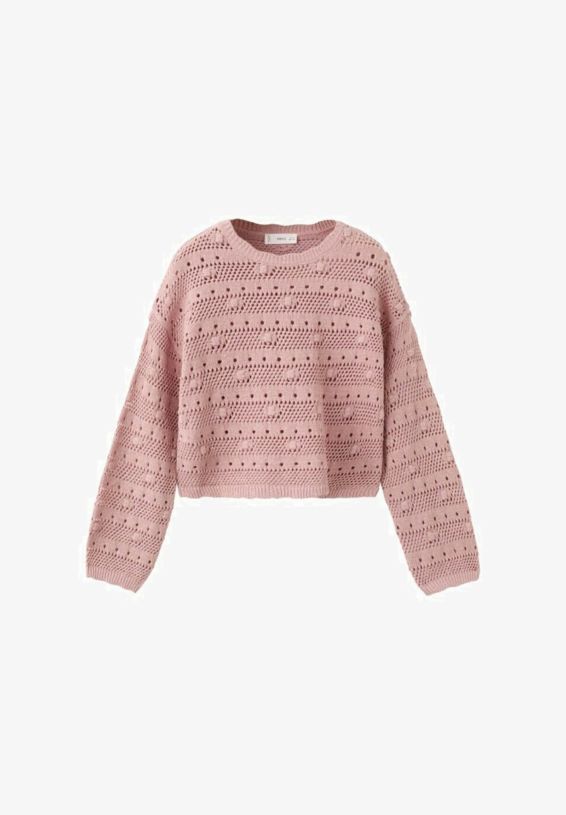 Lichtroze gebreide cropped trui met lange mouwen en een textuurpatroon van kleine gaatjes en verhoogde stippen.