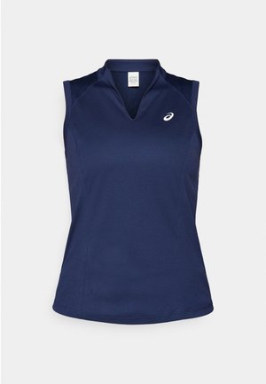 Navy sleeveless athletic top with a V-neck, made of smooth, moisture-wicking fabric; features flat seams and a small logo on the left chest.