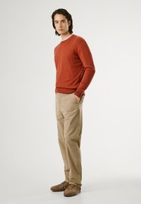 Roestkleurige trui, beige corduroybroek en bruine sneakers met blauwe accenten. De trui heeft ribbelmanchetten en een ronde halslijn.