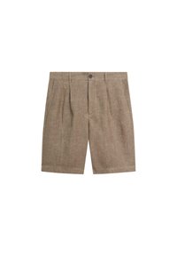 Beige maßgeschneiderte Shorts mit vorderen Falten, seitlichen Taschen, Gürtelschlaufen und einem Knopfverschluss in der Taille.