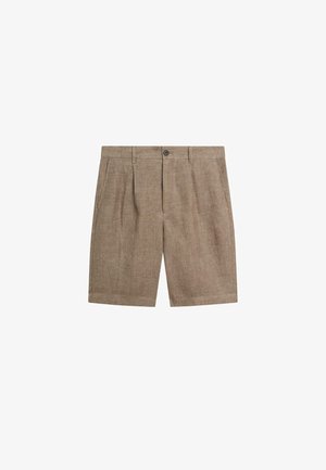 Beige op maat gemaakte korte broek met plooien aan de voorkant, zijzakken, riemlussen en een knoopsluiting in de taille.