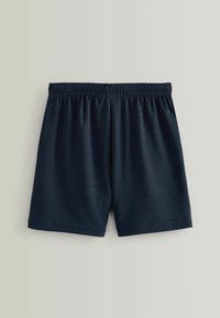 Marineblaues Sportshorts aus strukturiertem, atmungsaktivem Material. Sie verfügen über einen elastischen Bund und ein einfaches Design ohne Taschen.