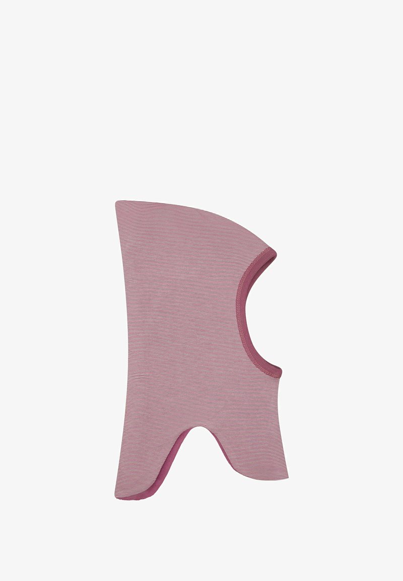 Roze gestreepte stoffen capuchon met afgeronde randen, met een ontwerp met open hals en een verfijnde textuur. Accenten van donkerder roze bies.