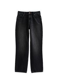 Jeans de mezclilla negros de pierna recta con bolsillos frontales, trabillas para el cinturón y cierre de botón, dispuestos planos sobre un fondo blanco.