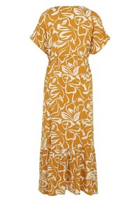 Żółta sukienka midi w kwiatowy wzór z krótkimi rękawami, marszczoną talią i falbaniastym dołem. Wykonana z lekkiego, gładkiego materiału.