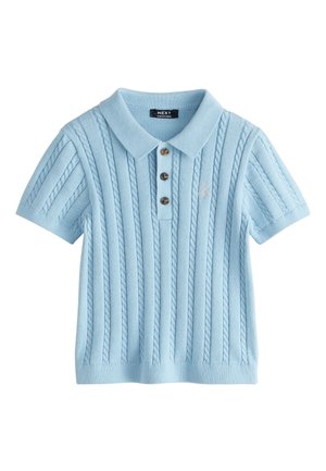 Light blue short-sleeve knitted polo shirt with vertical cable patterns, three brown buttons, and small embroidered logo on the left chest.
