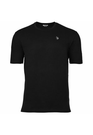 Schwarzes T-Shirt mit kurzen Ärmeln und Rundhalsausschnitt mit einem kleinen bestickten grauen Logo eines Polospielers auf der linken Brust.