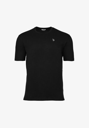 Schwarzes T-Shirt mit kurzen Ärmeln und Rundhalsausschnitt mit einem kleinen bestickten grauen Logo eines Polospielers auf der linken Brust.