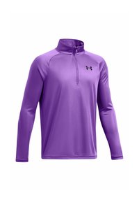 Lila sportlicher Pullover mit einem halben Reißverschluss und langen Ärmeln. Hergestellt aus glattem, leichtem Material. Besitzt ein schwarzes Logo auf der Brust.