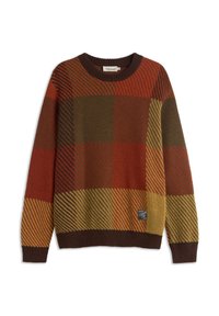 Pull en tricot avec un motif à carreaux dans des teintes rouge, vert et jaune. Encolure et poignets côtelés ; petit logo en bas.