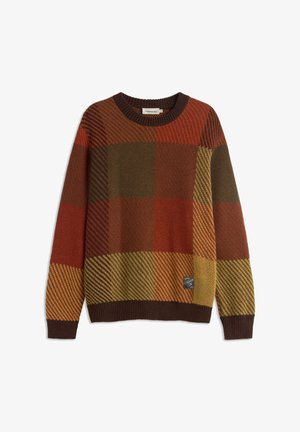 Gebreide trui met een geruite patroon in rood, groen en gele tinten. Geribbelde ronde halslijn en manchetten; klein logo detail aan de onderkant.