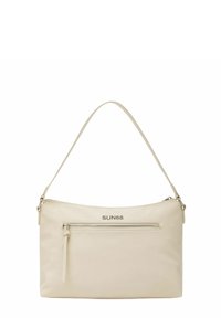 Borsa in cuoio color crema con forma curvata, hardware argentato, tasca frontale con cerniera e una singola tracolla. Presenta un logo impresso.