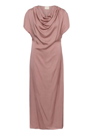 Dusty pink satin midi dress with short sleeves and a draped cowl neckline, designed for a loose, elegant fit.