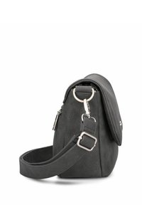 Borsa a tracolla in pelle nera con forma strutturata, hardware argento, tracolla rimovibile e chiusura a pattina. Superficie testurizzata con dettagli minimi.