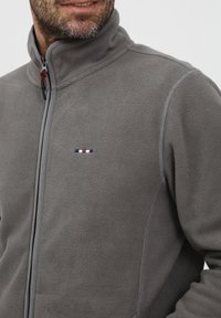 Grå fleecejakke med høy krage, frontglidelås og liten brodert logo med blå, hvite og røde striper. Glatt tekstur.