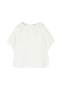 White short-sleeve top featuring a round neckline, soft fabric, and a relaxed fit with a subtly curved hem. Slightly sheer texture.