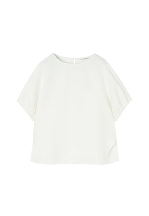 White short-sleeve top featuring a round neckline, soft fabric, and a relaxed fit with a subtly curved hem. Slightly sheer texture.