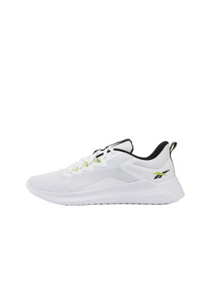 Sneaker sportiva bianca con collo nero, dettagli verde lime e suola spessa, mostrata di profilo su sfondo bianco.