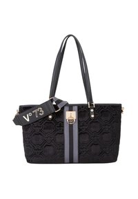 Sac fourre-tout noir avec motif floral texturé, accent rayé gris, ferrures dorées, double poignée et bandoulière ajustable avec logo.