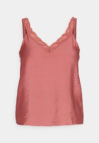 Ruusuvärinen kamisooli, jossa on teksturoitu pinta, V-pääntiellä ja pitsireunus kauluksessa ja olkahihnoissa.