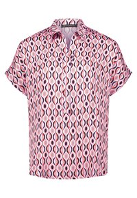 Blusa a maniche corte con un motivo ovale astratto in rosa, blu navy e bianco. Realizzata in tessuto leggero con chiusura frontale a bottoni.