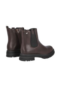 Botas de cuero marrón hasta el tobillo con paneles elásticos laterales, cierre de cremallera y una suela de goma texturizada negra. Presenta un pequeño detalle de corazón.