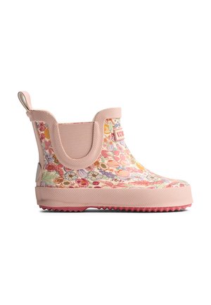 Roze enkellaarsje voor regen met een meerkleurig bloemenpatroon, trekhaakje aan de hiel, elastische zijkanten en een gestructureerde zool voor grip.